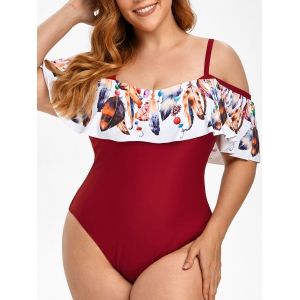 

Feather Print Flounces Cold Shoulder Plus Size Swimsuit, Red wine