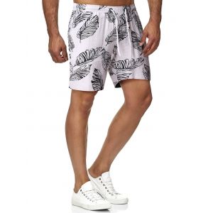 

Drawstring Palm Leaf Print Beach Shorts, White