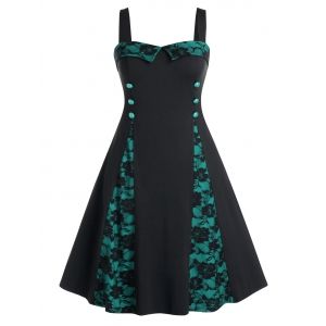 

Plus Size Lace Panel Button A Line Dress, Sea turtle green