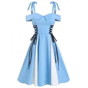 

Cold Shoulder Lace-up Contrast Flare Dress, Light sky blue