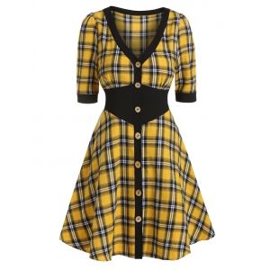 

Plaid Pattern Buttons A Line Retro Dress, Bright yellow