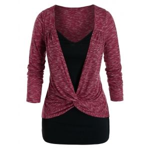

Plus Size Space Dye Twisted Two Tone Ruched Tunic Tee, Red wine