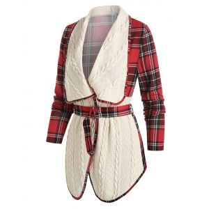 

Plaid Print Belted Cable Knit Jacket, Warm white