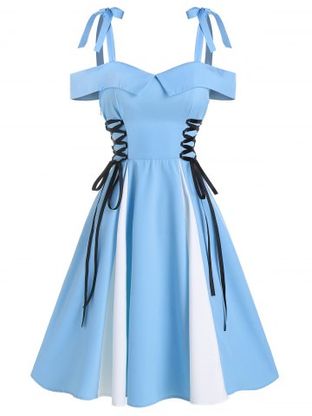Cold Shoulder Lace-up Contrast Flare Dress