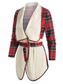 Plaid Print Belted Cable Knit Jacket - WARM WHITE - 2XL