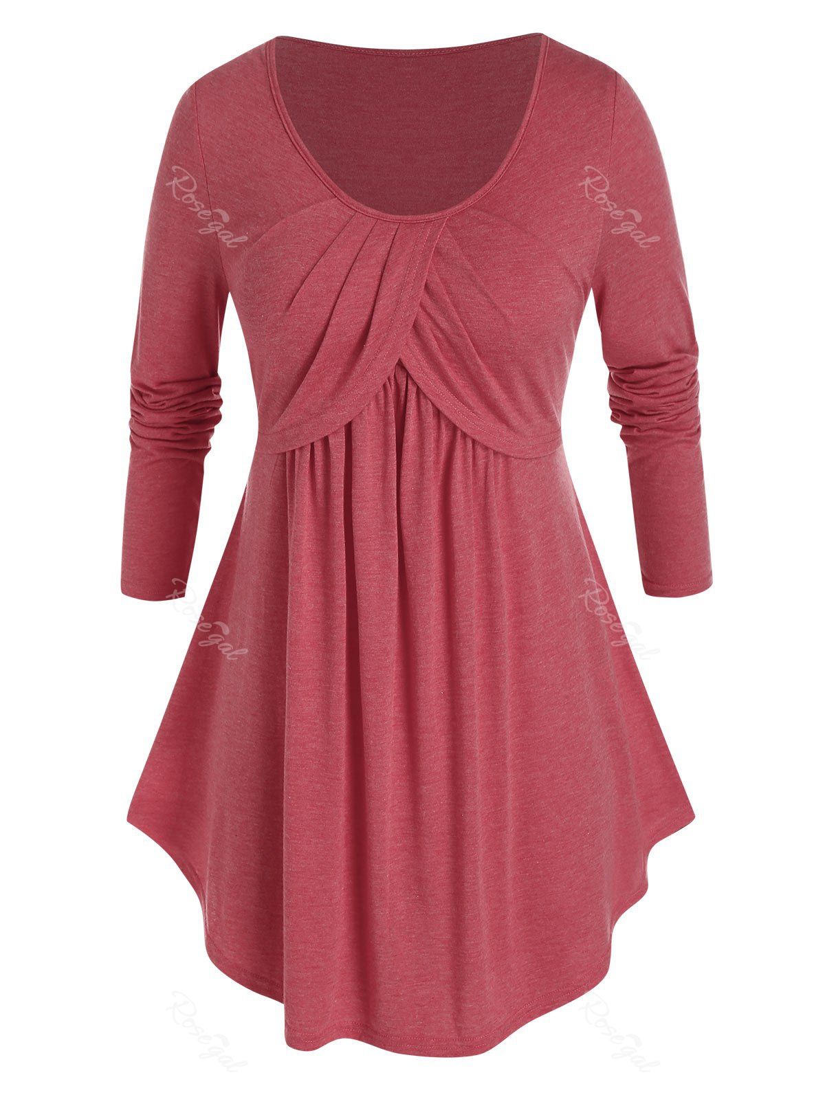 

Plus Size Overlap Curved Long Sleeve Tunic Tee, Valentine red