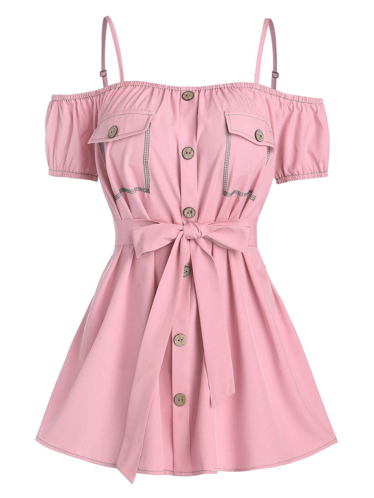 

Button Through Flat Pocket Belted Blouse, Pink