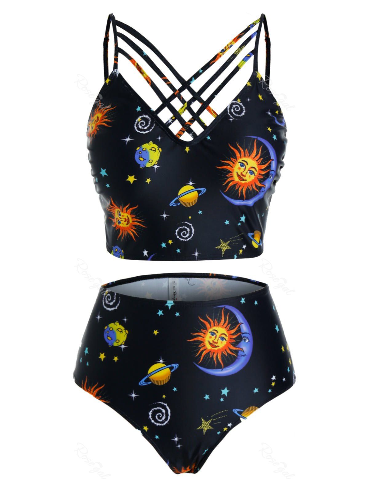 

Plus Size Moon and Sun Planet Print Straps High Rise Tankini Swimwear, Black