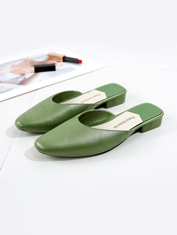 

Square Collar Leather Flat Half Shoes, Green