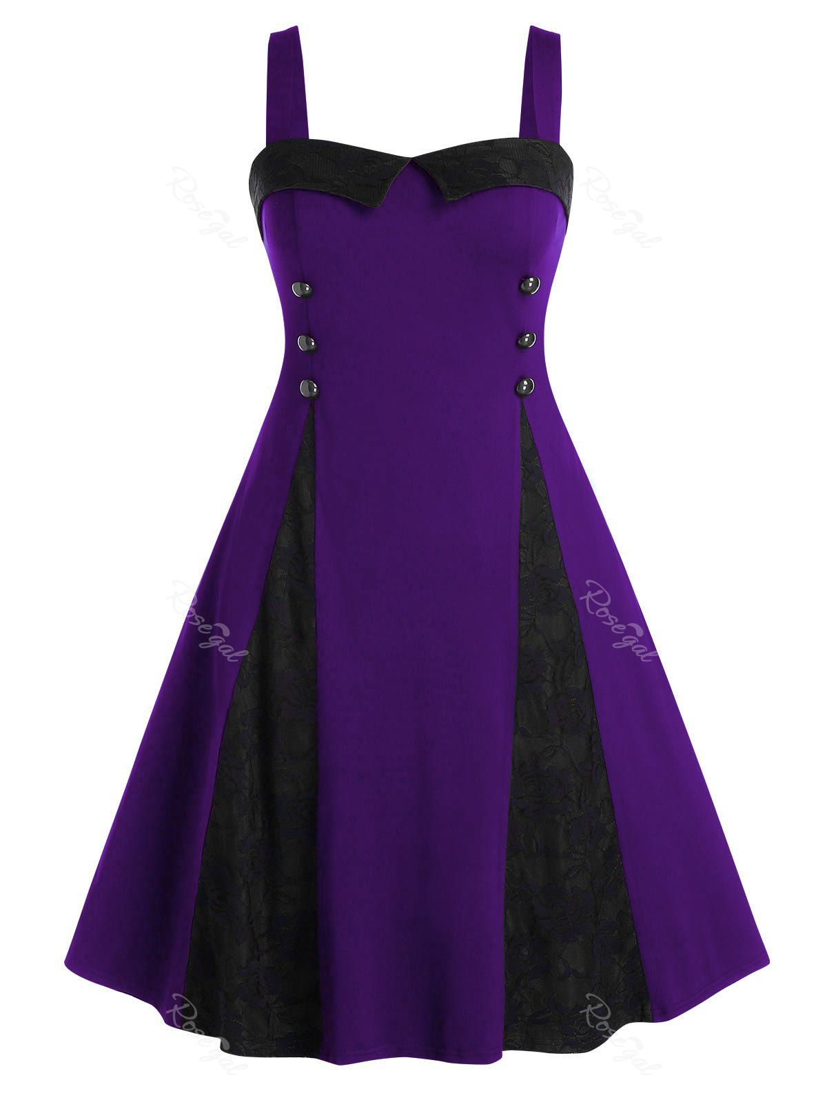 

Plus Size Lace Panel Button A Line Dress, Purple iris