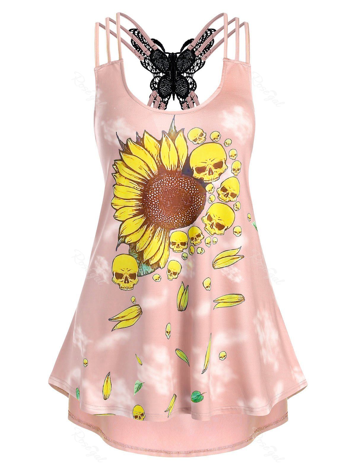 Outfit Sunflower Skull Print Butterfly Lace Panel Strappy Tank Top  