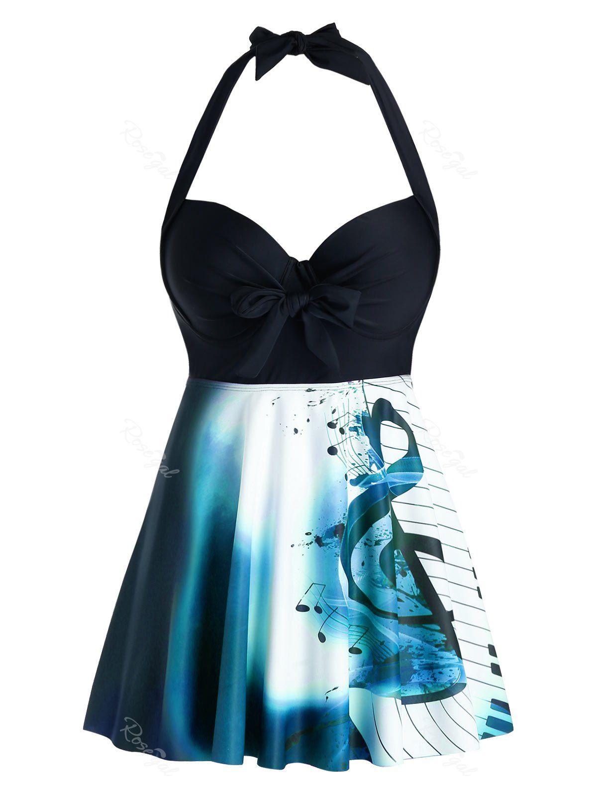 

Plus Size Musical Notes Backless Halter Push Up Tankini Swimwear, Deep blue