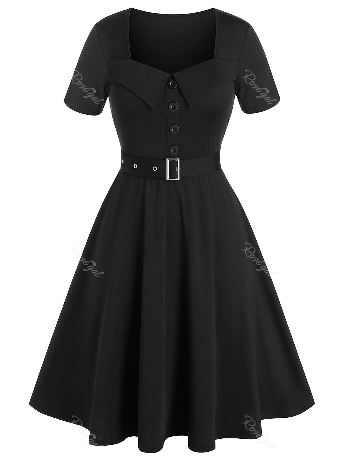 

Plus Size Belted Buttoned Square Neck Vintage Dress, Black