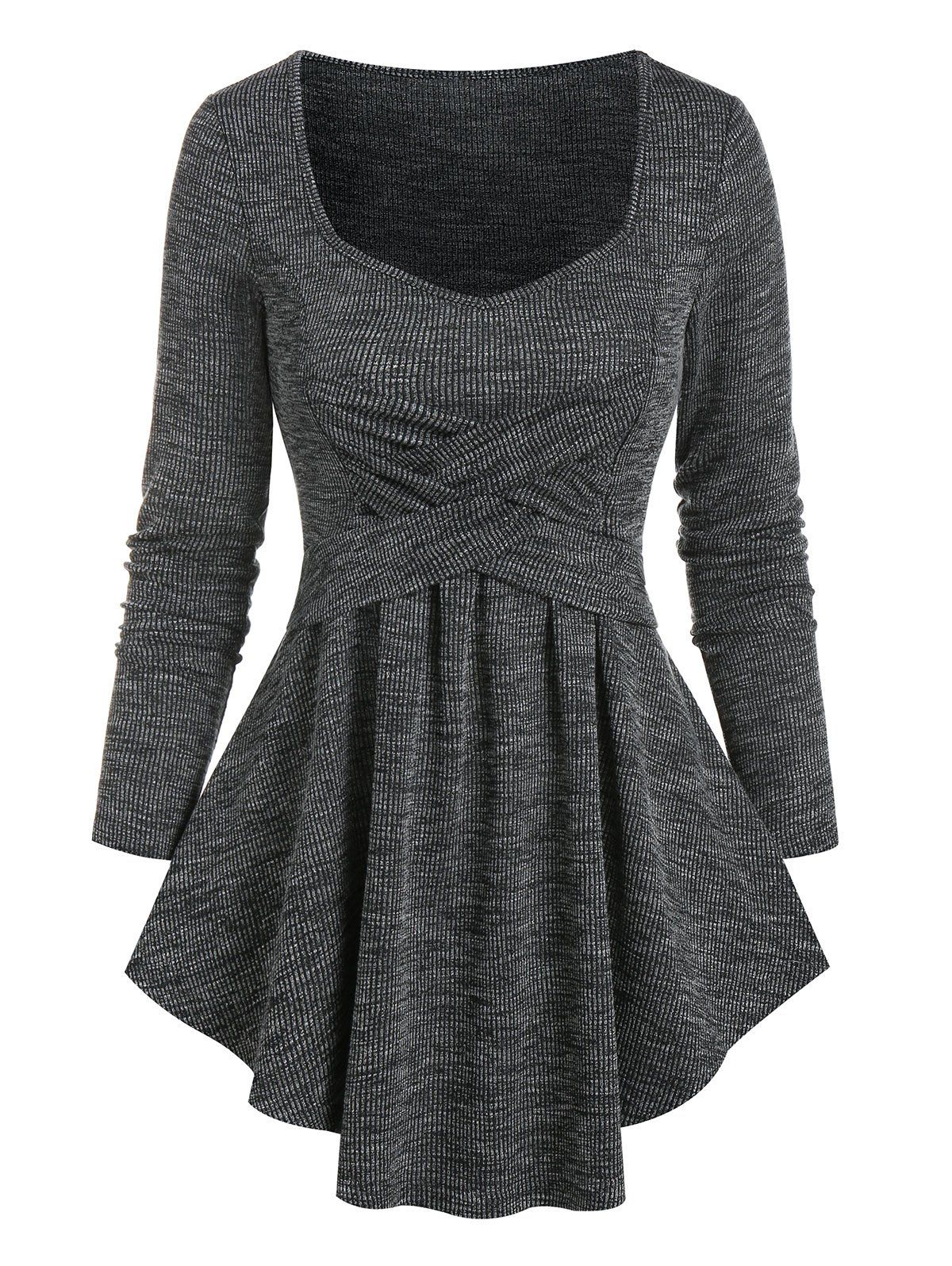 

Crisscross Skirted Long Sleeve Knitted T Shirt, Dark gray