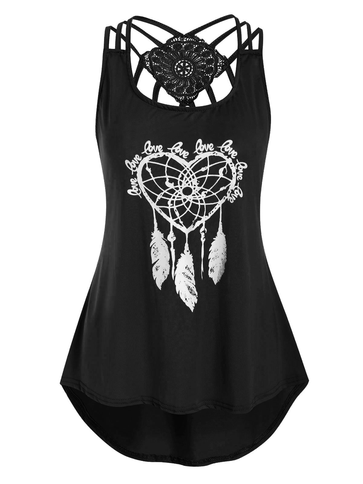 

Heart Feather Print Lace Panel Tank Top, Black