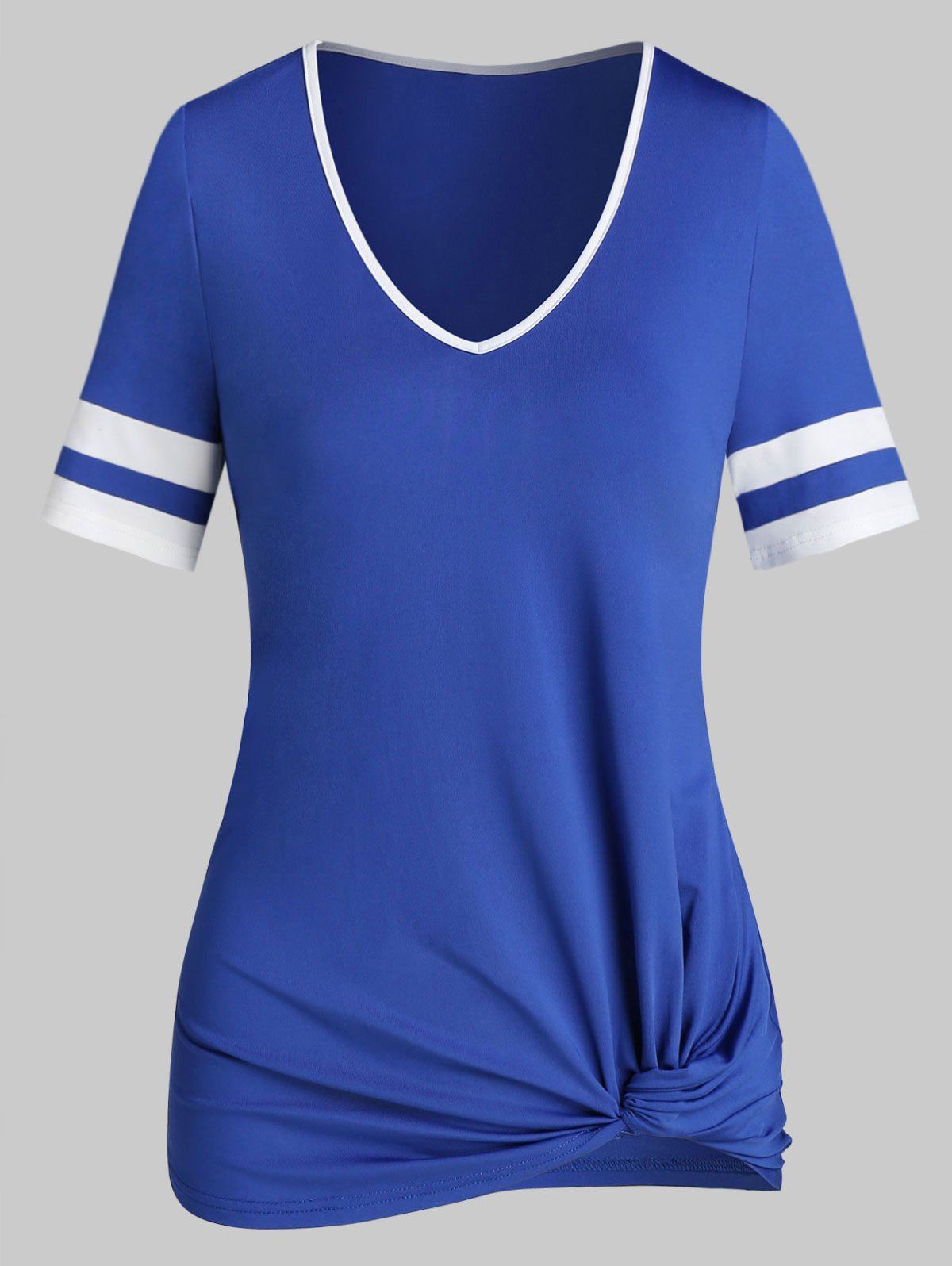 

Twist Front V Neck Contrast Striped T-shirt, Cobalt blue