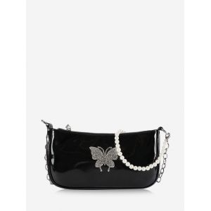 

Butterfly Pattern Rhinestone Faux Pearl Shoulder Bag, Black