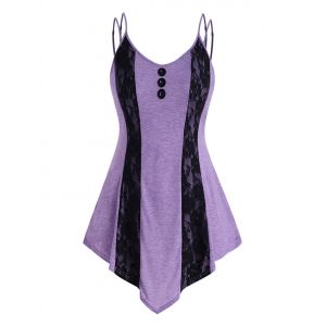 

Strappy Mock Buttons Lace Panel Plus Size Tank Top, Purple