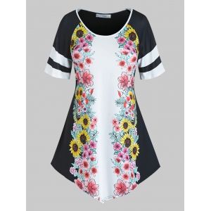 

Plus Size Asymmetric Floral Printed T Shirt, Black