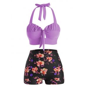 

Halter Floral Ruched Bikini Swimwear, Purple