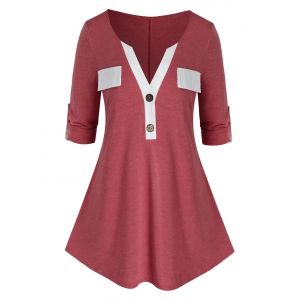 

Plus Size Half Placket Button Tab Sleeve Curved Tunic Tee, Valentine red