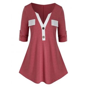 

Plus Size Half Placket Button Tab Sleeve Curved Tunic Tee, Valentine red