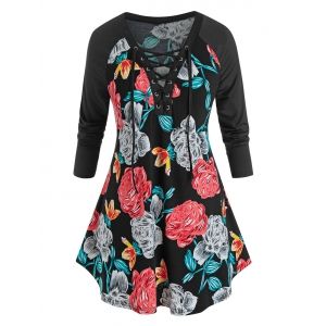 

Plus Size Flower Print Lace-up Curved Tunic Tee, Black