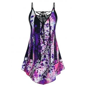 

Plus Size Lace Up Splatter Paint Musical Notes Tank Top, Black
