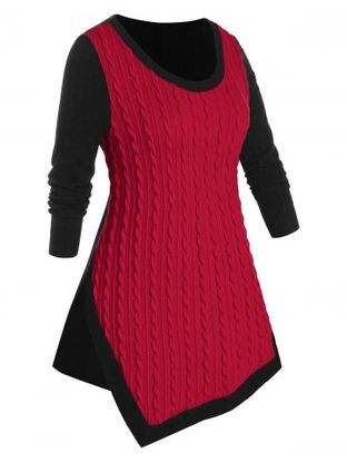 Plus Size Cable Knit Two Tone Asymmetrical Slit Sweater