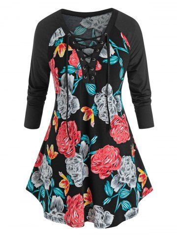 Plus Size Flower Print Lace-up Curved Tunic Tee - BLACK - 1X
