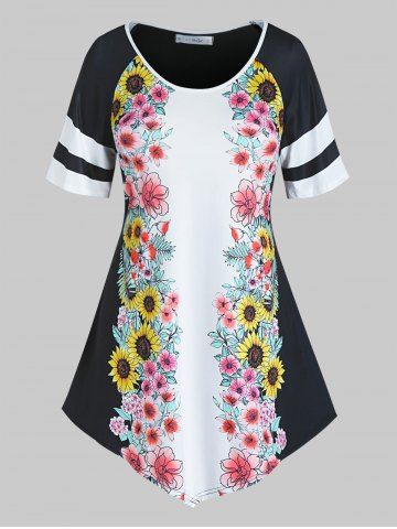 Plus Size Asymmetric Floral Printed T Shirt - BLACK - 1X