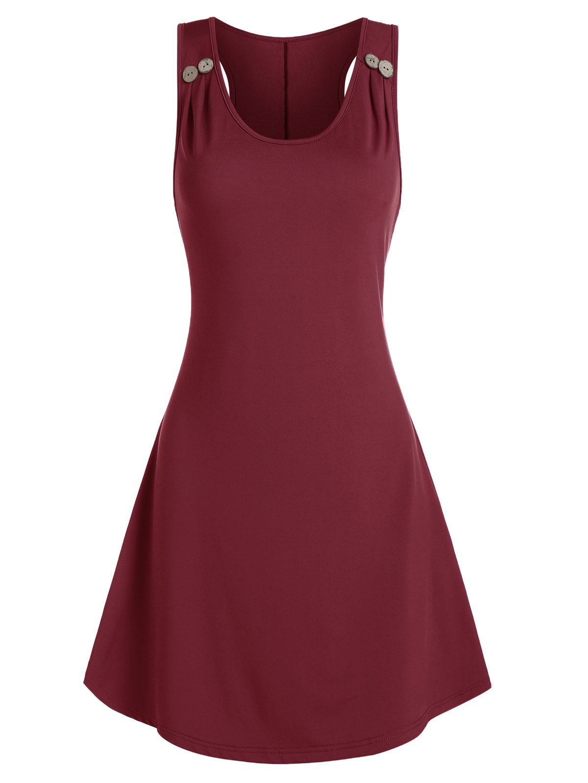 

Plain Mock Button Sleeveless Mini Dress, Red wine