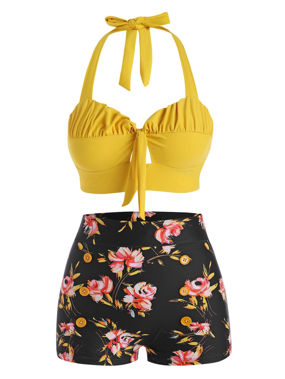 

Halter Floral Ruched Bikini Swimwear, Yellow