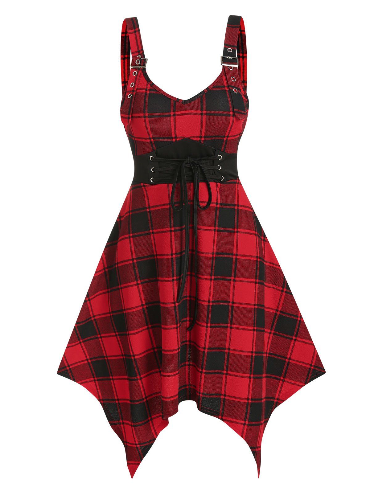 

Tartan Print Buckle Strap Cami Asymmetrical Dress, Red
