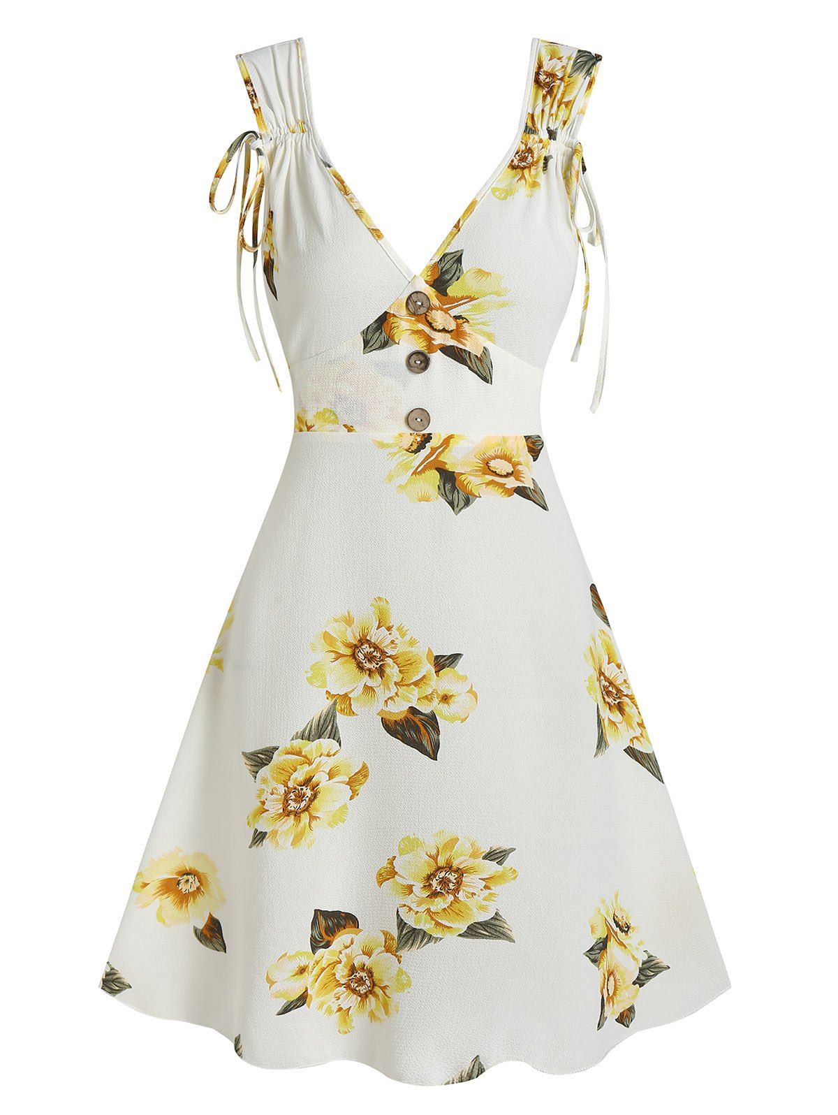 

Flower Print Cinched Sleeveless Mock Button Dress, White