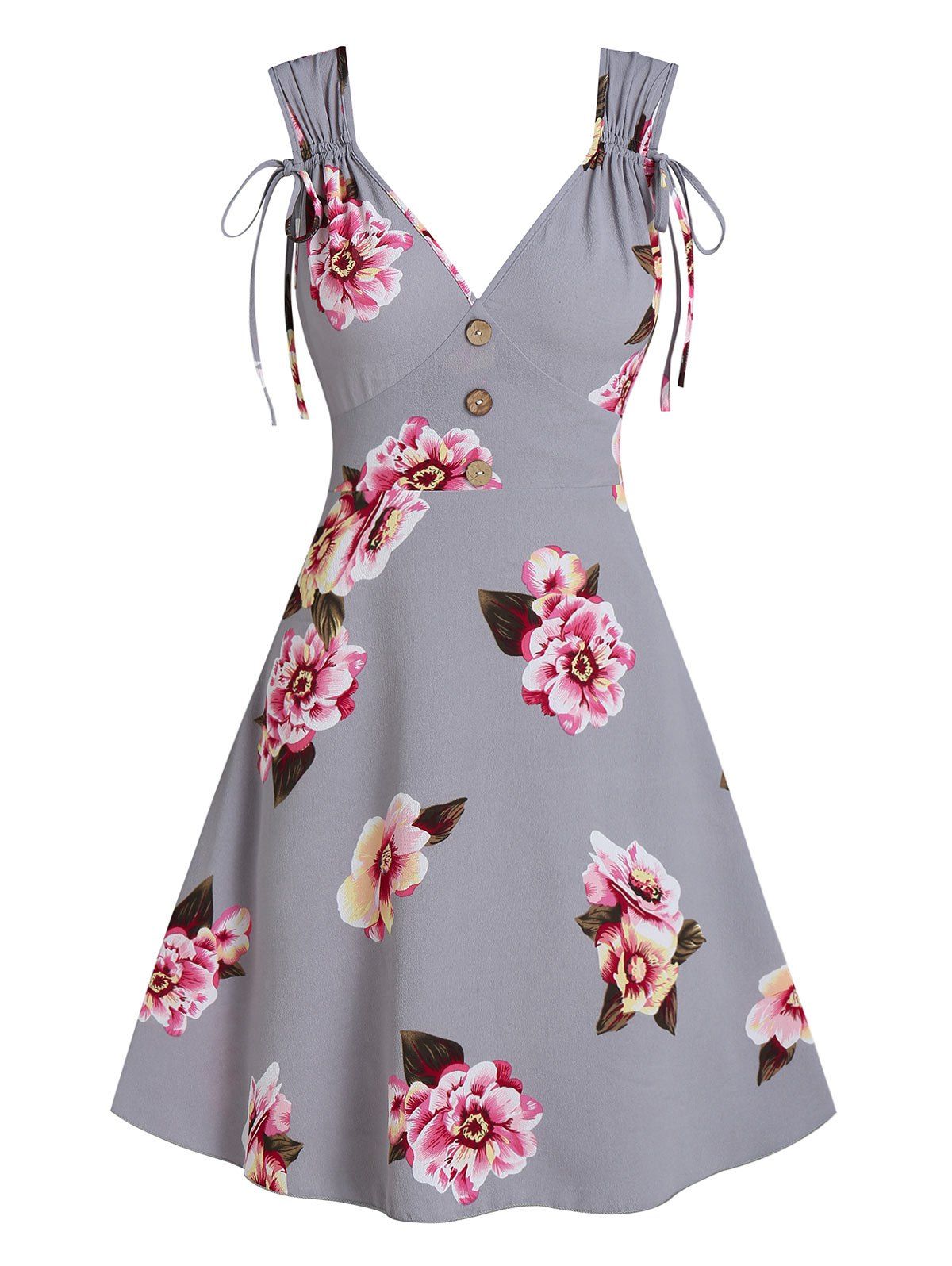 

Flower Print Cinched Sleeveless Mock Button Dress, Light gray