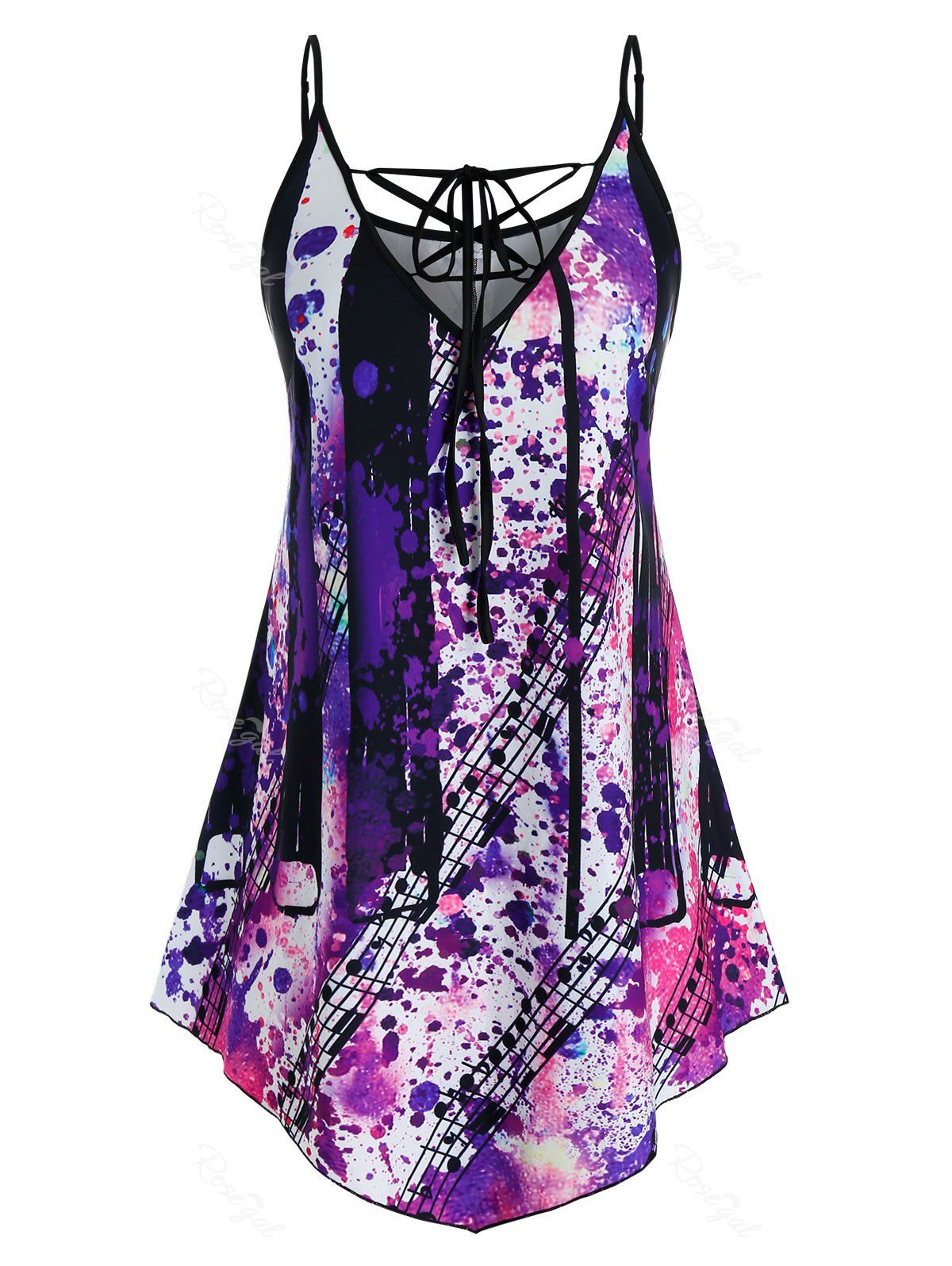 Outfits Plus Size Lace Up Splatter Paint Musical Notes  Tank Top  
