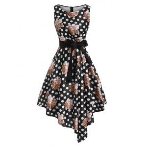 

Floral Print Pleated Waist Belted Asymmetrical Dress, Black