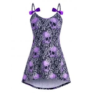 

High Low Bowknot Skull Rose Halloween Plus Size Cami Top, Purple