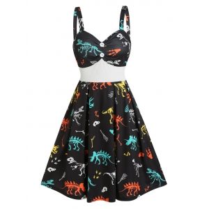 

Dinosaur Skeleton Print Mock Button Mini Cami Dress, Black