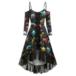 

Cold Shoulder Dinosaur Bone Print Ruffle Dress, Black