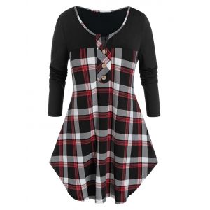 

Plus Size V Notch Plaid Buttoned Curved Tunic Tee, Black
