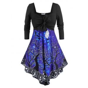 

Plus Size Halloween Bowknot Pumpkin Branch Pattern Asymmetrical Dress, Black