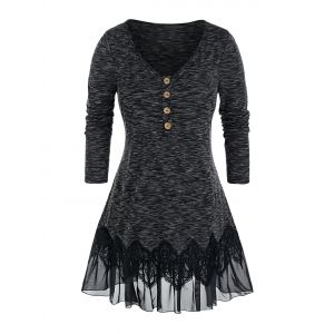 

Plus Size Button V Neck Lace Flounce Top, Black