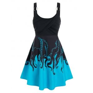 

Plus Size Octopus Print Ruched Backless Retro Dress, Black