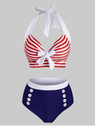 Striped Halter Button Embellished Tied Tankini Swimwear