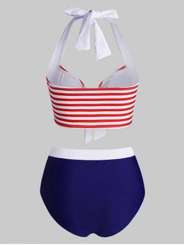 

Striped Halter Button Embellished Tied Tankini Swimwear, Red