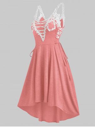 Sleeveless Lace Insert Lace-up High Low Dress