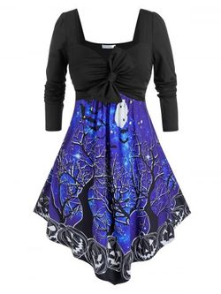 Plus Size Halloween Bowknot Pumpkin Branch Pattern Asymmetrical Dress - BLACK - 1X