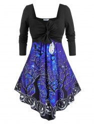 Plus Size Halloween Bowknot Pumpkin Branch Pattern Asymmetrical Dress -  